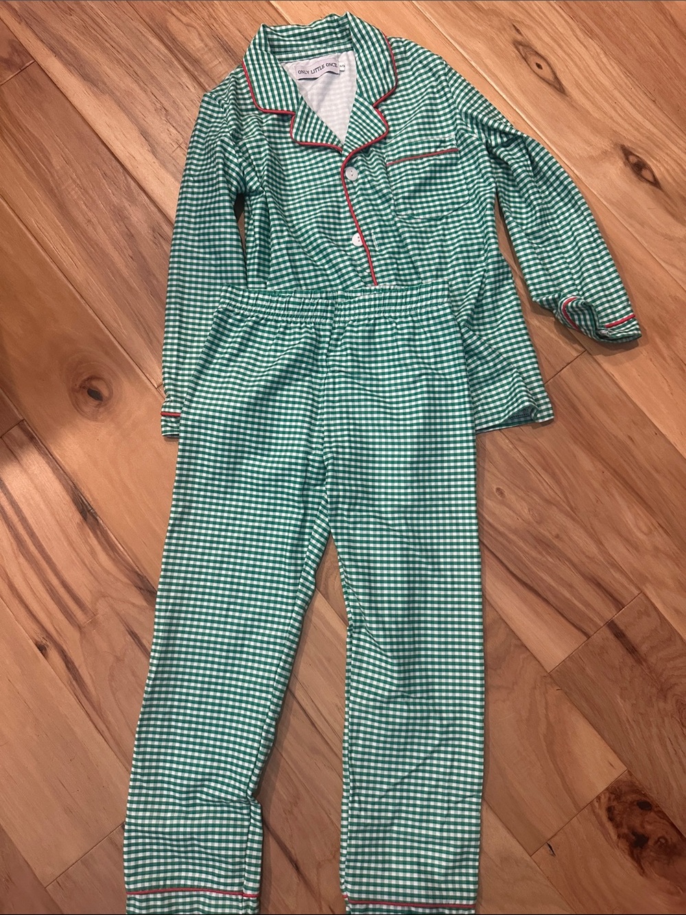 Green Gingham Kids Pajama Set with Red Piping - Cozy Two-Piece